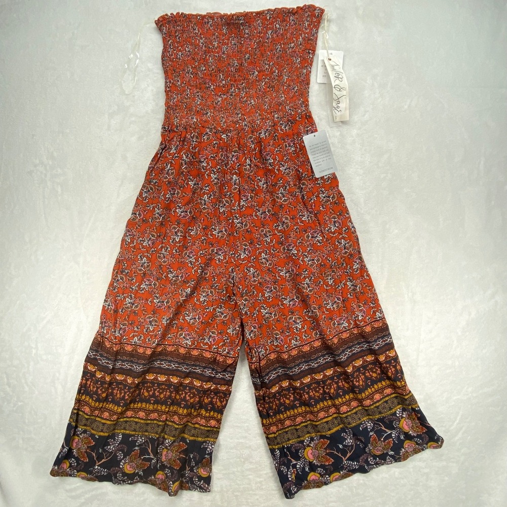 Taylor &‎ Sage Smocked Jumpsuit Floral Print Wide Leg Boho Size M